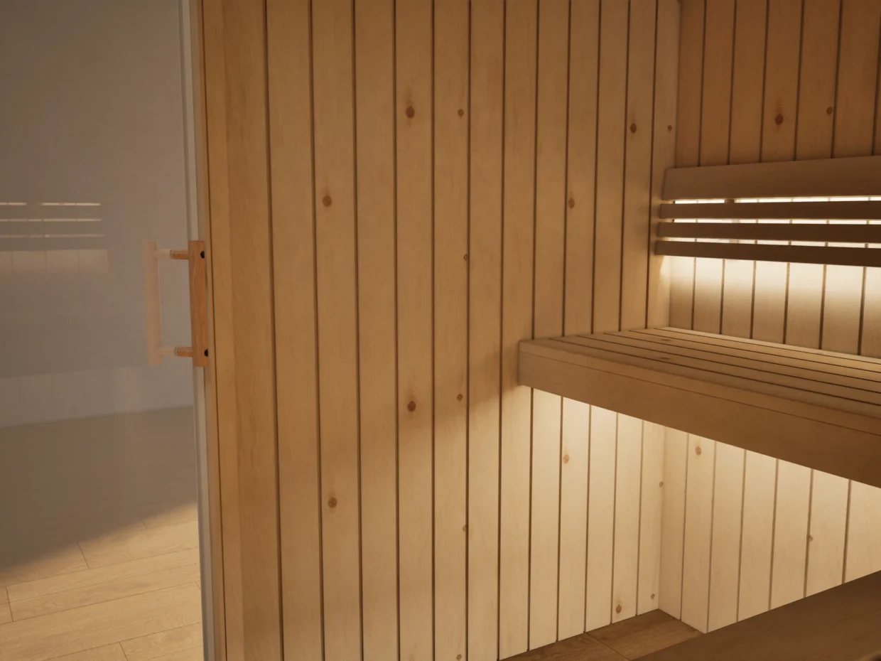 Innenraum der Sauna Athen Glastür Profilholz Zirbe mit freiem Ofenplatz