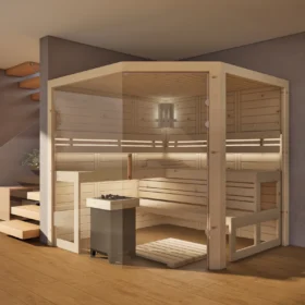 Sauna Athen 2x Glas bodentief Massivholz Zirbe im Wohnraum, Gesamtansicht