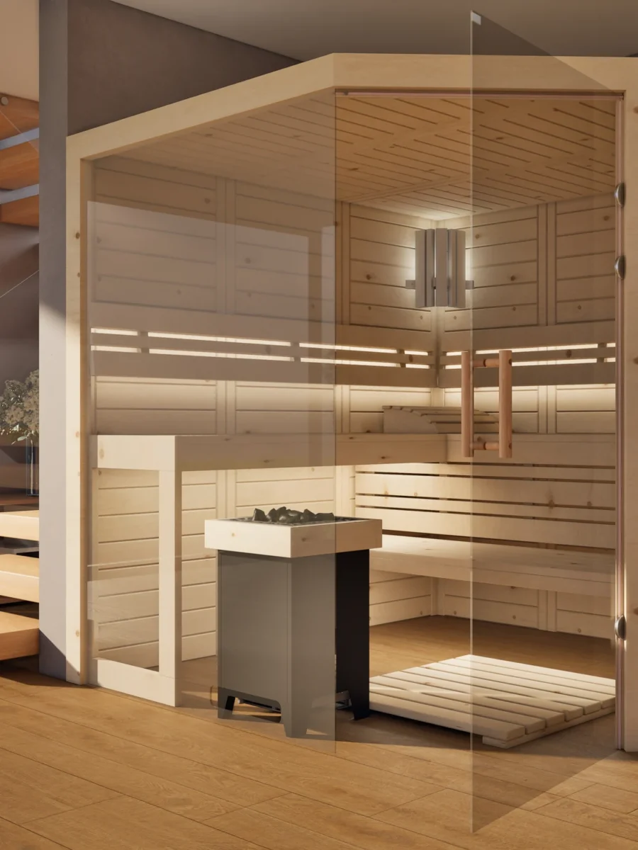 Sauna Athen 2x Glas bodentief Massivholz Zirbe mit geöffneter Glastür