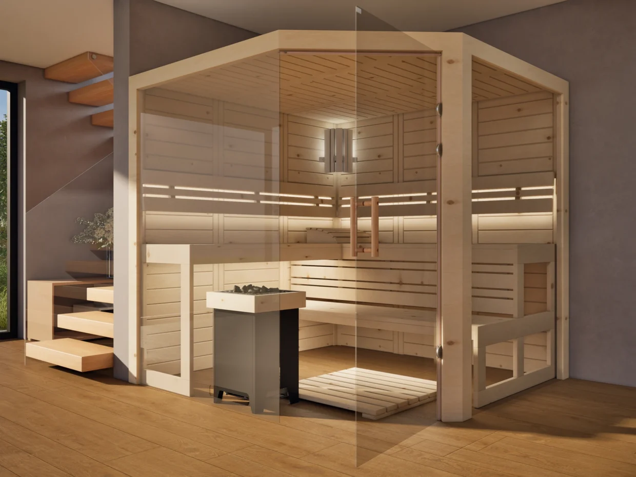Sauna Athen 2x Glas bodentief Massivholz Zirbe mit geöffneter Glastür