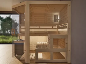 Sauna Athen 2x Glas bodentief Massivholz Zirbe von der Seite, Blick durch die geöffnete Glastür auf den Saunaofen