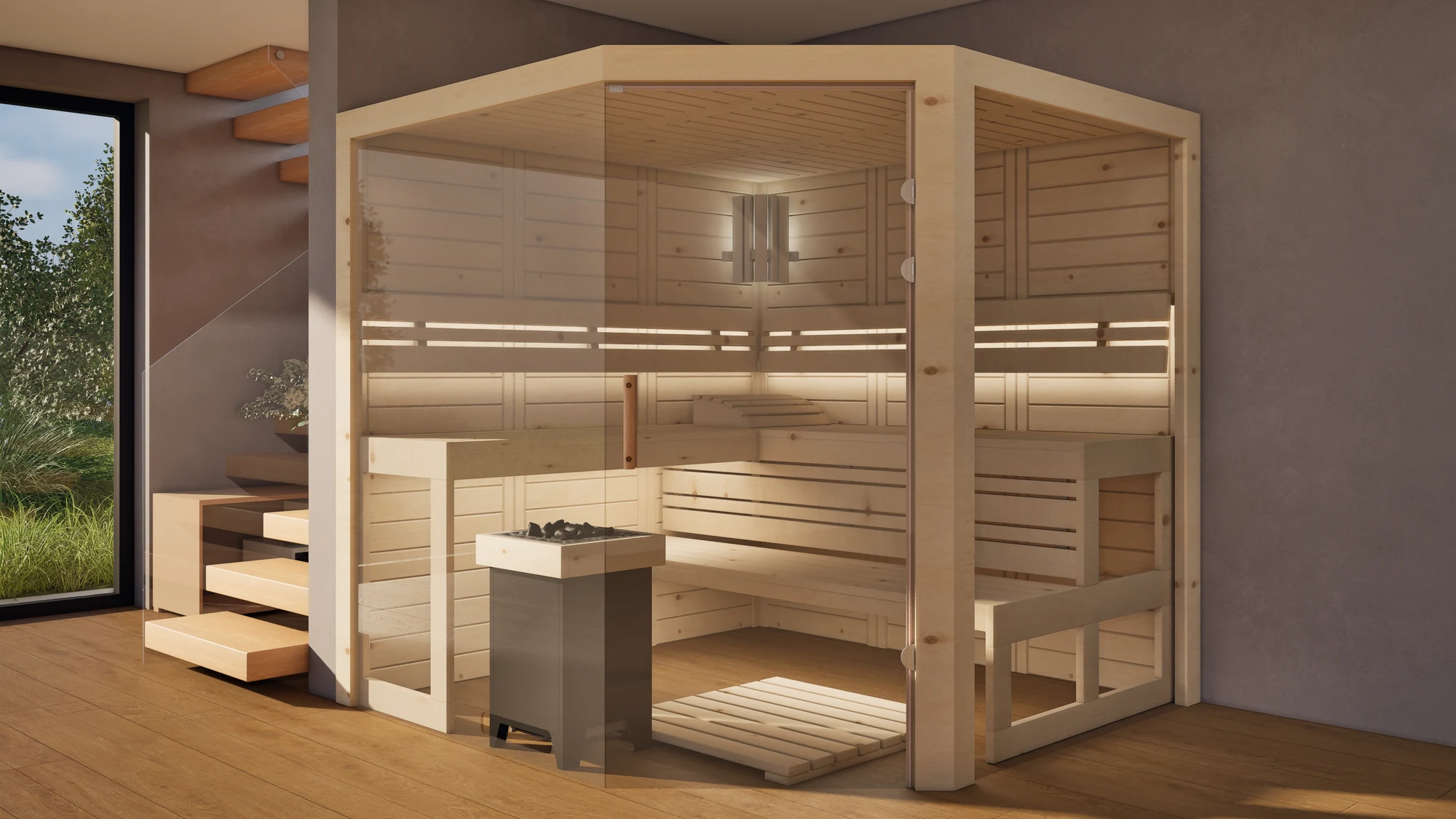 Sauna Athen 2x Glas bodentief Massivholz Zirbe im Wohnraum neben der Treppe