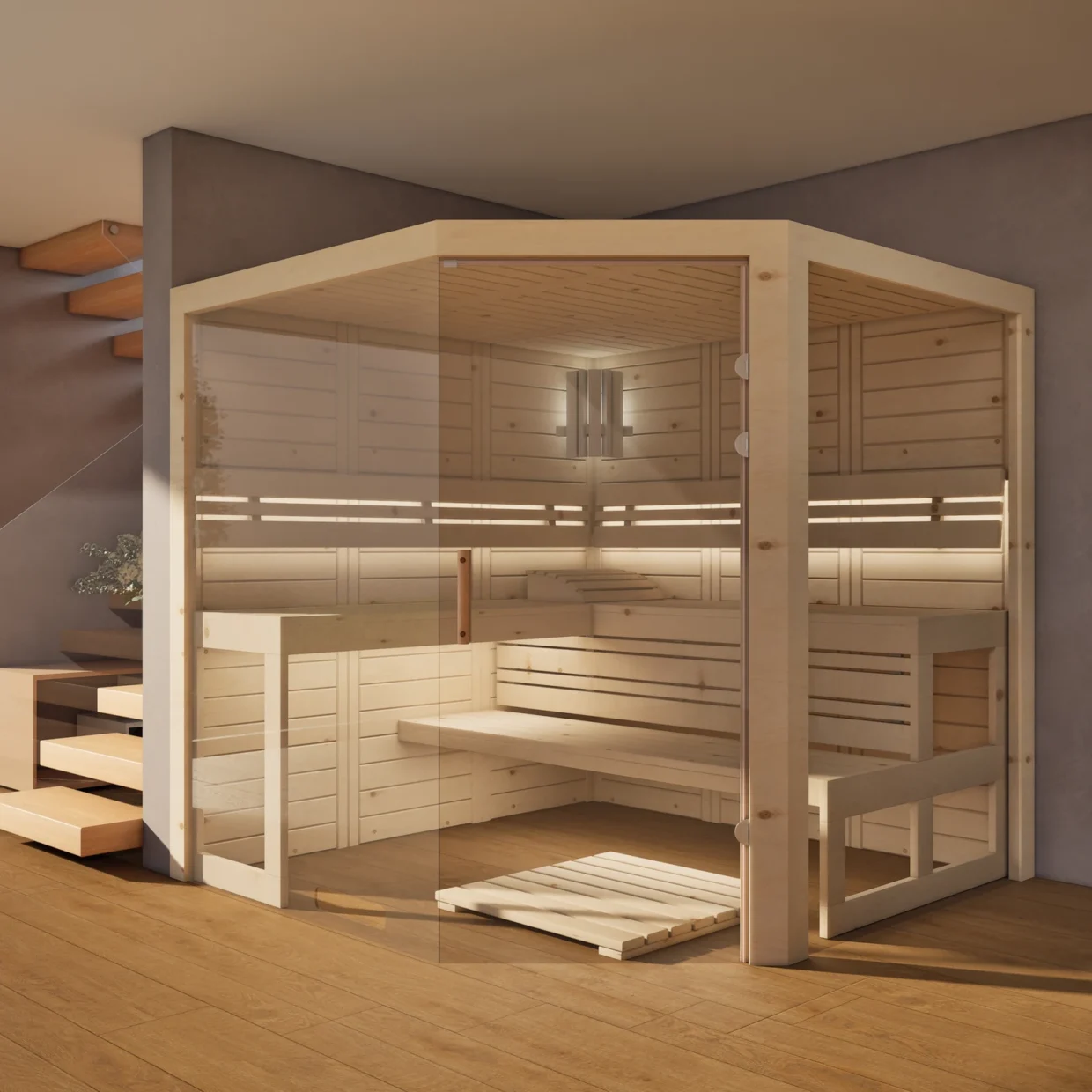 Sauna Athen 2x Glas bodentief Massivholz Zirbe im Wohnraum, Gesamtansicht