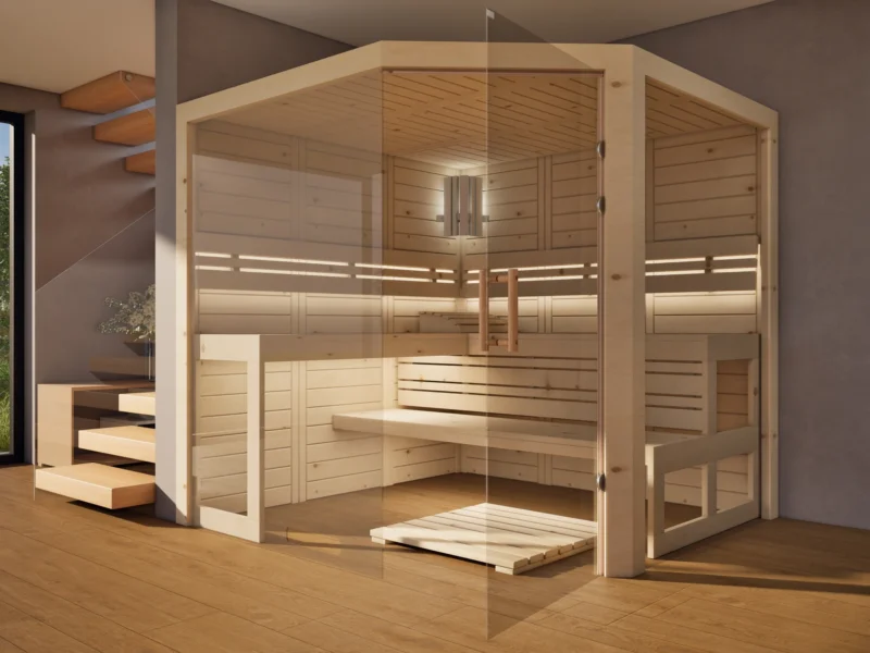 Sauna Athen 2x Glas bodentief Massivholz Zirbe mit geöffneter Glastür