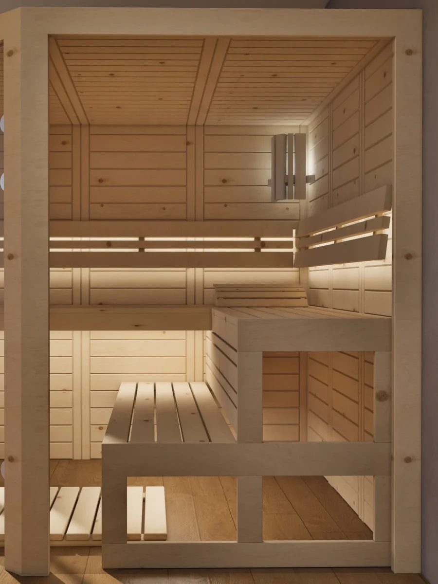 Sauna Athen 2x Glas bodentief Massivholz Zirbe von der Seite, Kabine ohne Saunaofen