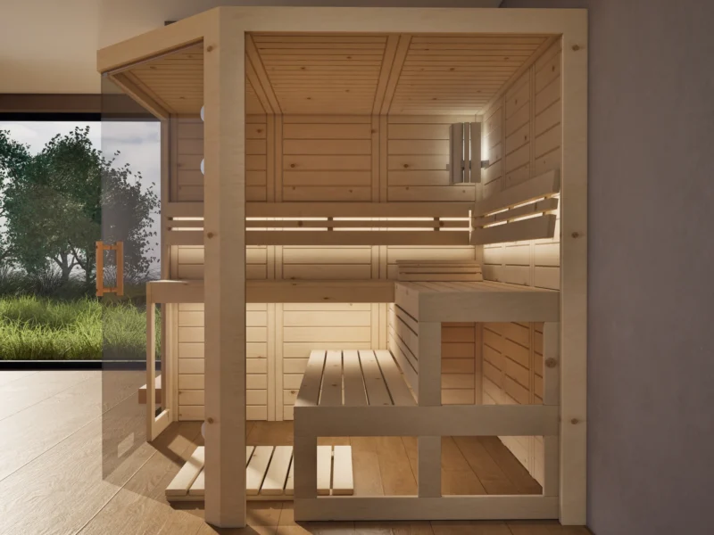Sauna Athen 2x Glas bodentief Massivholz Zirbe von der Seite, Kabine ohne Saunaofen