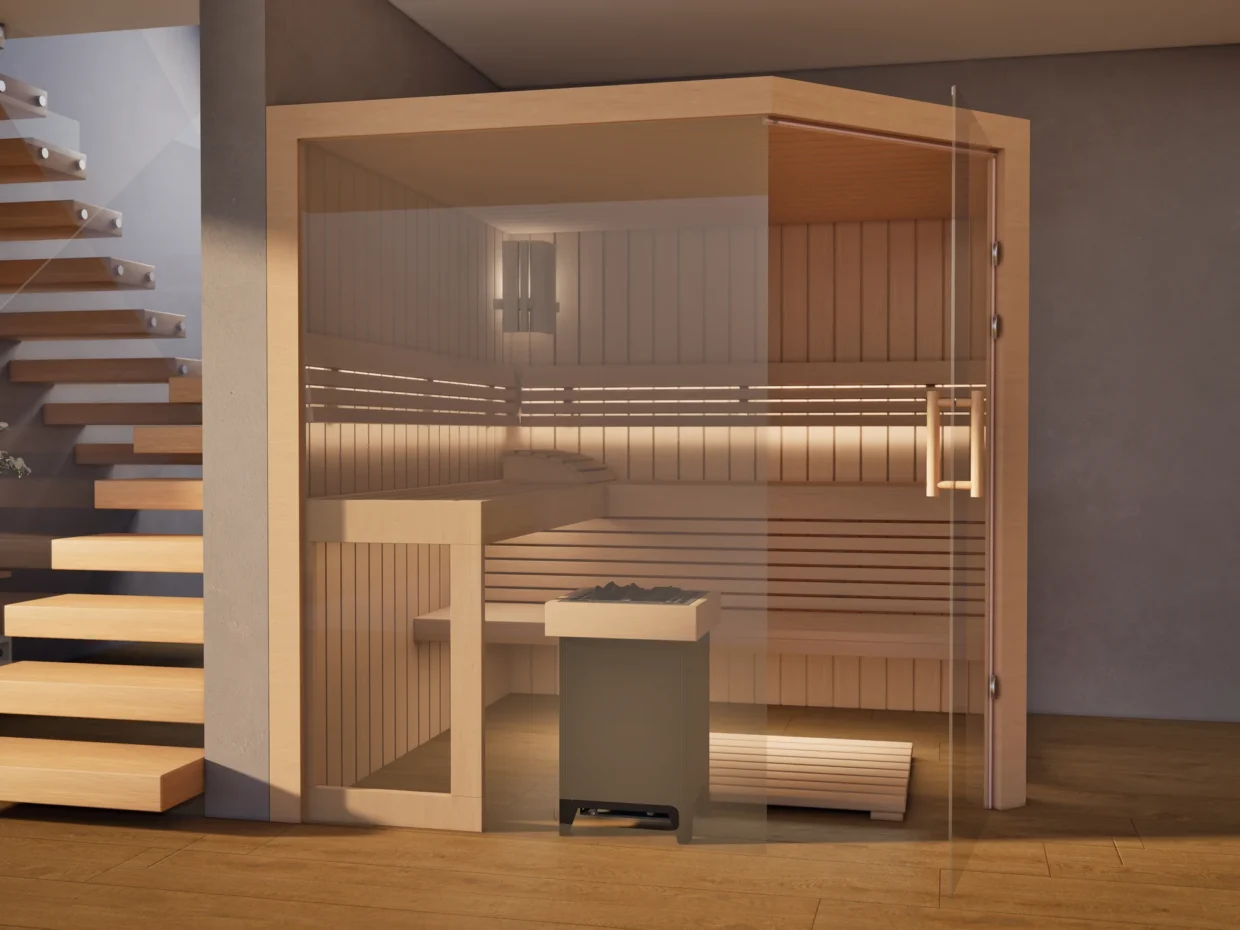 Sauna Athen 2x Glas bodentief Profilholz Erle neben der Treppe, Glastür geöffnet