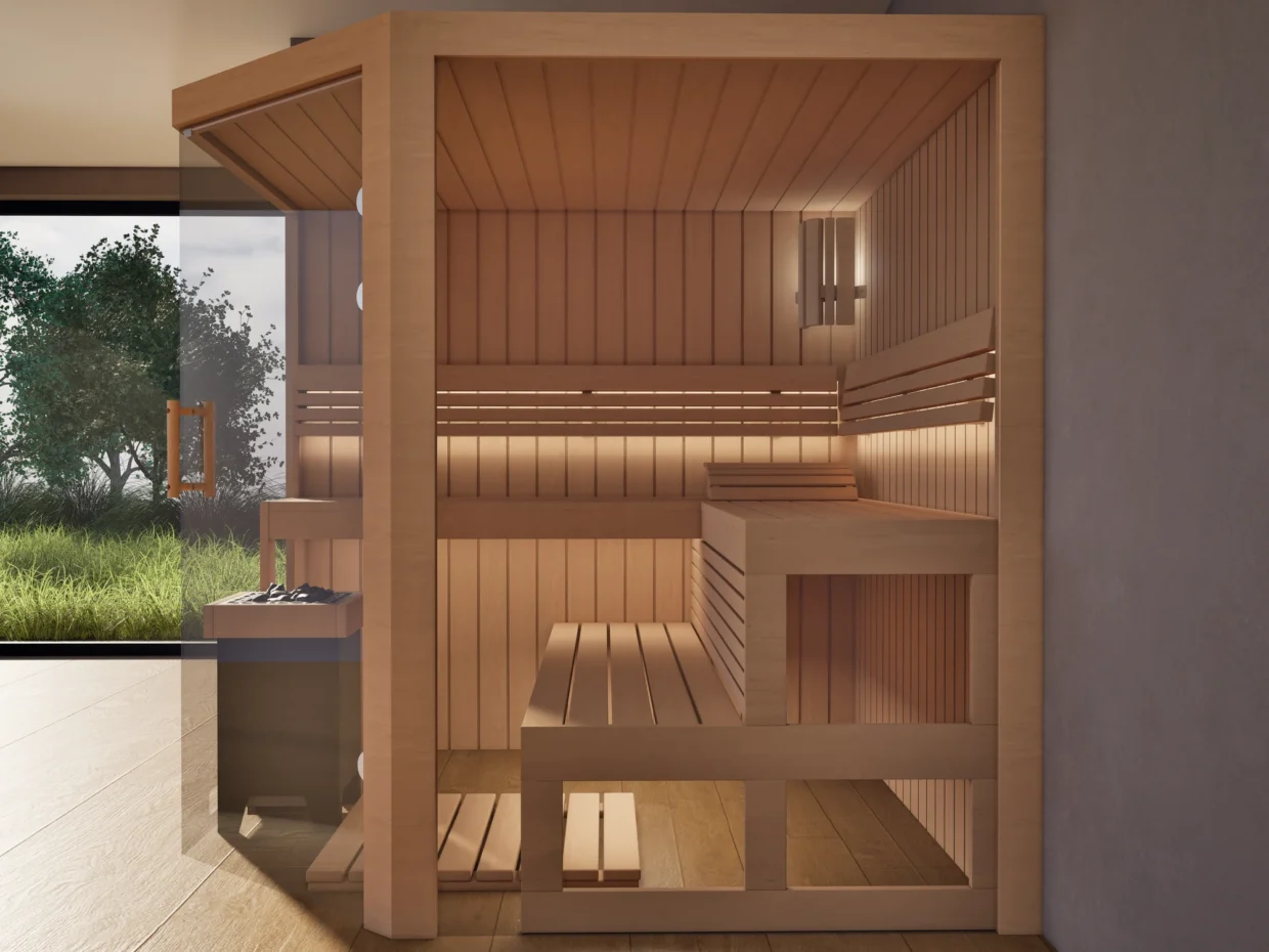 Sauna Athen 2x Glas bodentief Profilholz Erle von der Seite, Blick durch die geöffnete Glastür auf den Saunaofen
