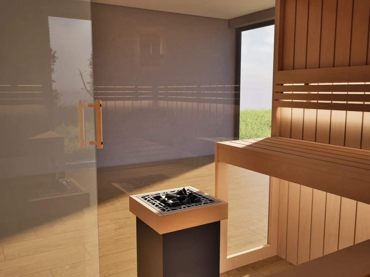 Saunaofen mit Steinen in der Sauna Athen 2x Glas bodentief Profilholz Erle