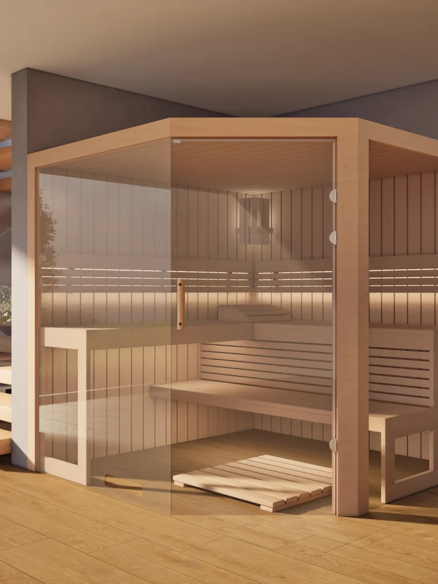 Sauna Athen 2x Glas bodentief Profilholz Erle im Wohnraum, Gesamtansicht