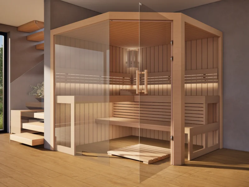 Sauna Athen 2x Glas bodentief Profilholz Erle mit geöffneter Glastür