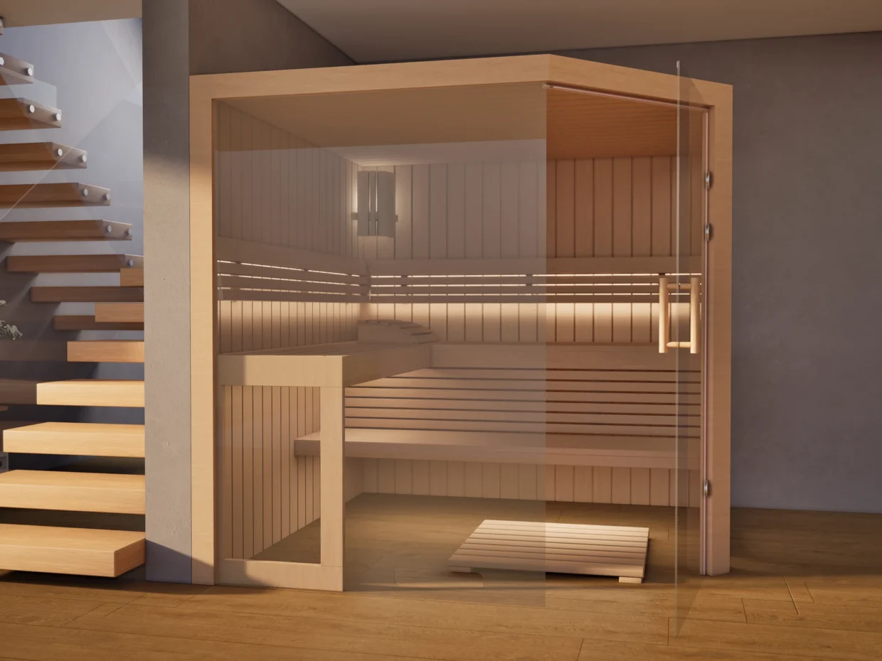 Sauna Athen 2x Glas bodentief Profilholz Erle neben der Treppe, Glastür geöffnet