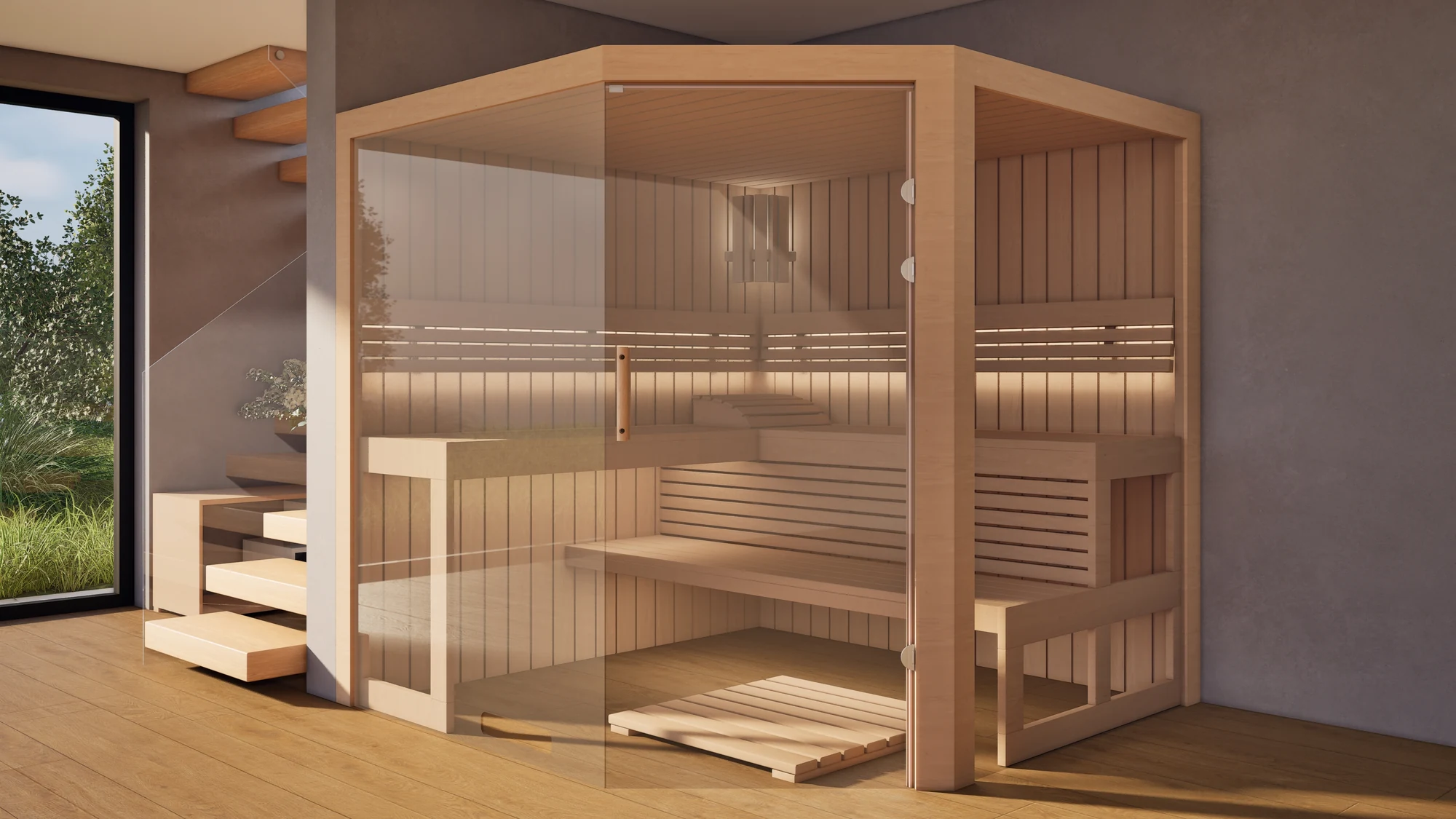 Sauna Athen 2x Glas bodentief Profilholz Erle im Wohnraum neben der Treppe