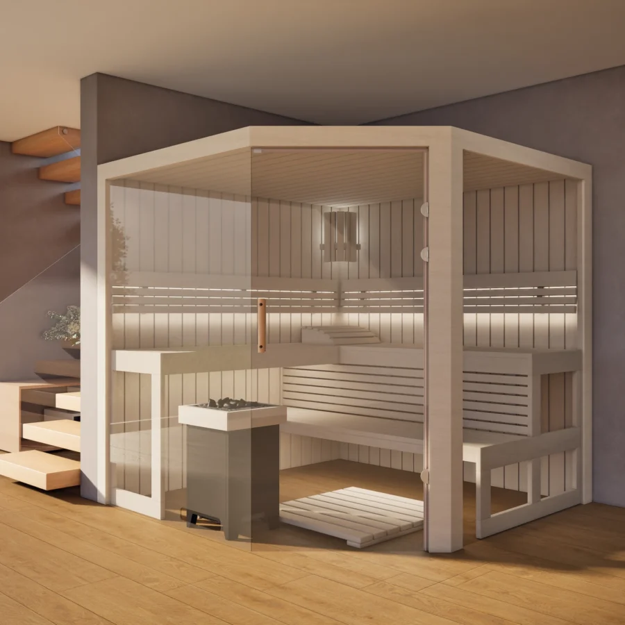 Sauna Athen 2x Glas bodentief Profilholz Linde im Wohnraum, Gesamtansicht