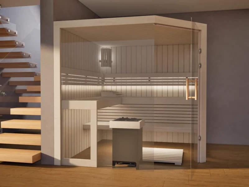 Sauna Athen 2x Glas bodentief Profilholz Linde neben der Treppe, Glastür geöffnet