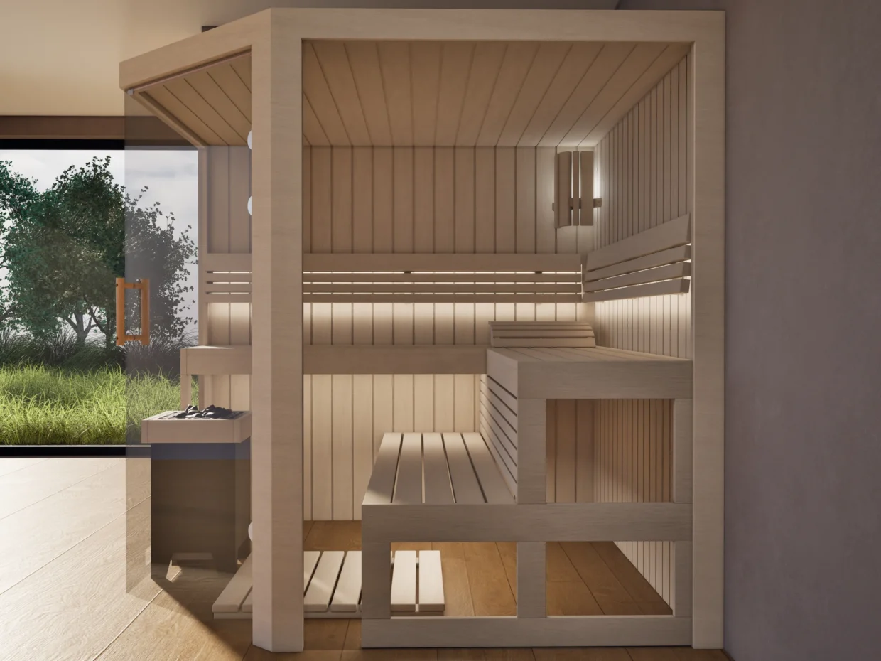 Sauna Athen 2x Glas bodentief Profilholz Linde von der Seite, Blick durch die geöffnete Glastür auf den Saunaofen