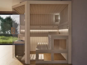 Sauna Athen 2x Glas bodentief Profilholz Linde von der Seite, Blick durch die geöffnete Glastür auf den Saunaofen