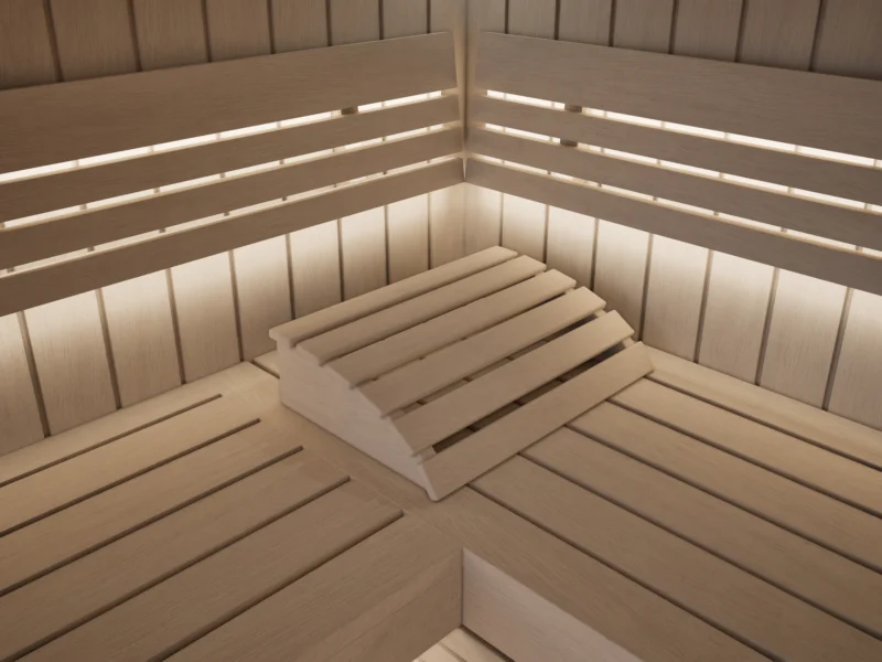 Liegen und Rückenlehnen mit indirektem LED-Licht in der Sauna Athen 2x Glas bodentief Profilholz Linde