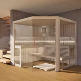 Sauna Athen 2x Glas bodentief Profilholz Linde im Wohnraum, Gesamtansicht