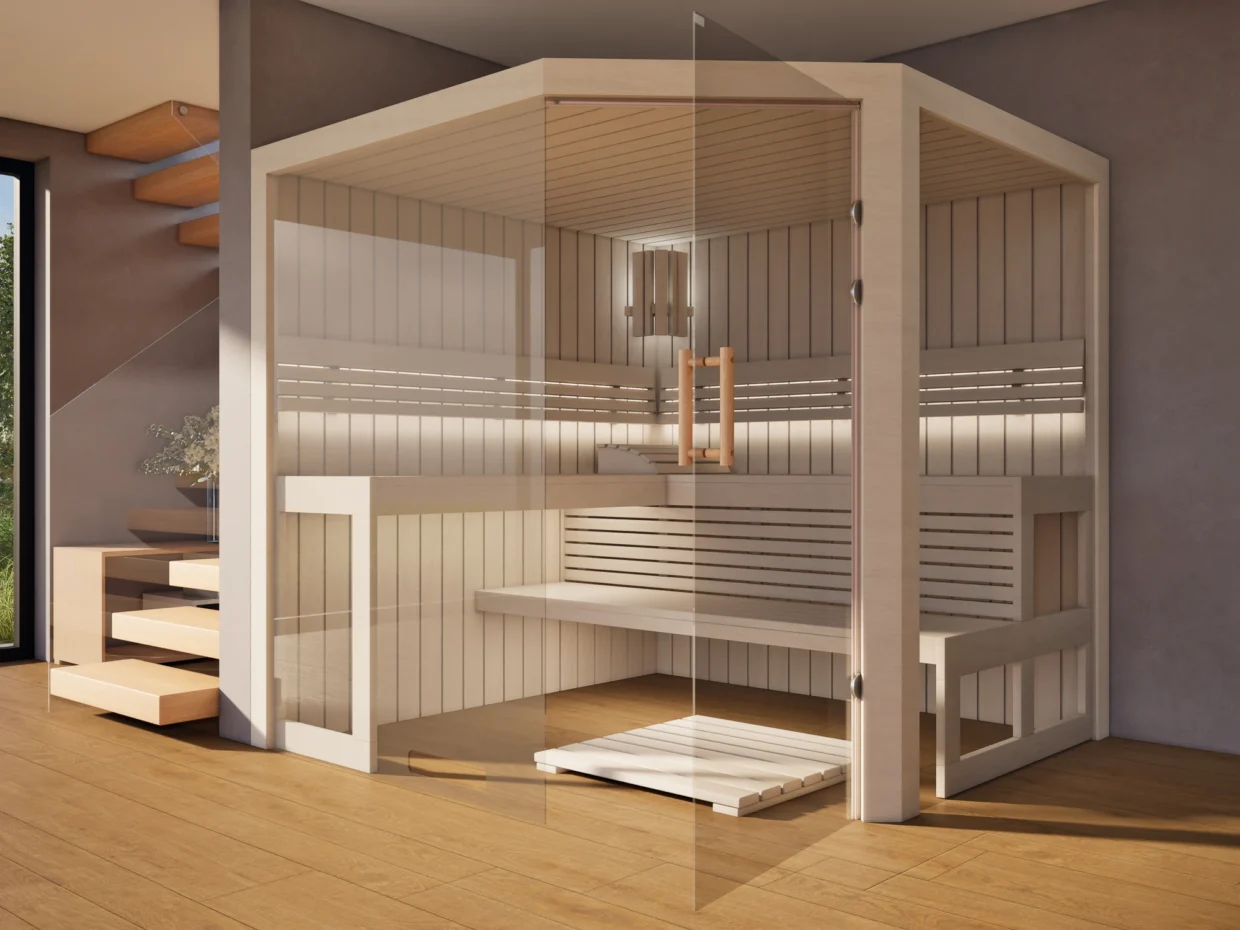 Sauna Athen 2x Glas bodentief Profilholz Linde mit geöffneter Glastür