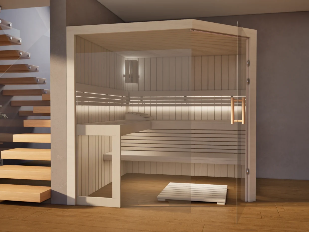 Sauna Athen 2x Glas bodentief Profilholz Linde neben der Treppe, Glastür geöffnet