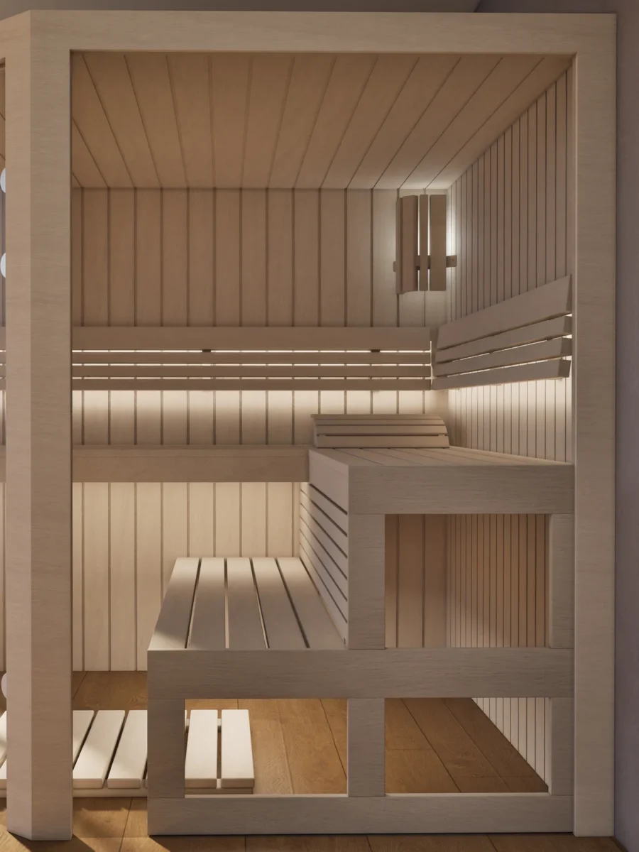 Sauna Athen 2x Glas bodentief Profilholz Linde von der Seite, Kabine ohne Saunaofen