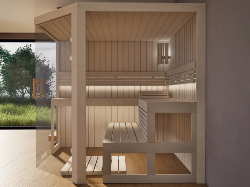 Sauna Athen 2x Glas bodentief Profilholz Linde von der Seite, Kabine ohne Saunaofen
