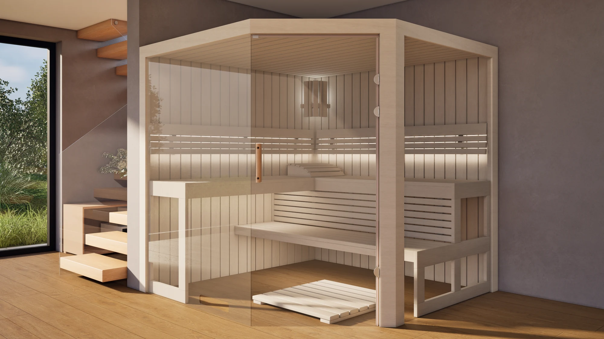 Sauna Athen 2x Glas bodentief Profilholz Linde im Wohnraum neben der Treppe