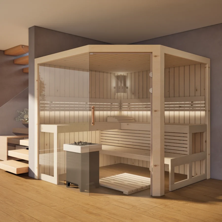Sauna Athen 2x Glas bodentief Profilholz Zirbe im Wohnraum, Gesamtansicht