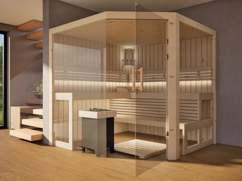 Sauna Athen 2x Glas bodentief Profilholz Zirbe mit geöffneter Glastür