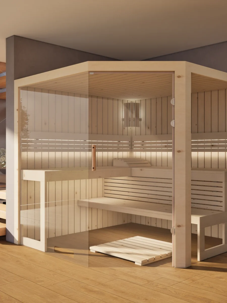 Sauna Athen 2x Glas bodentief Profilholz Zirbe im Wohnraum, Gesamtansicht