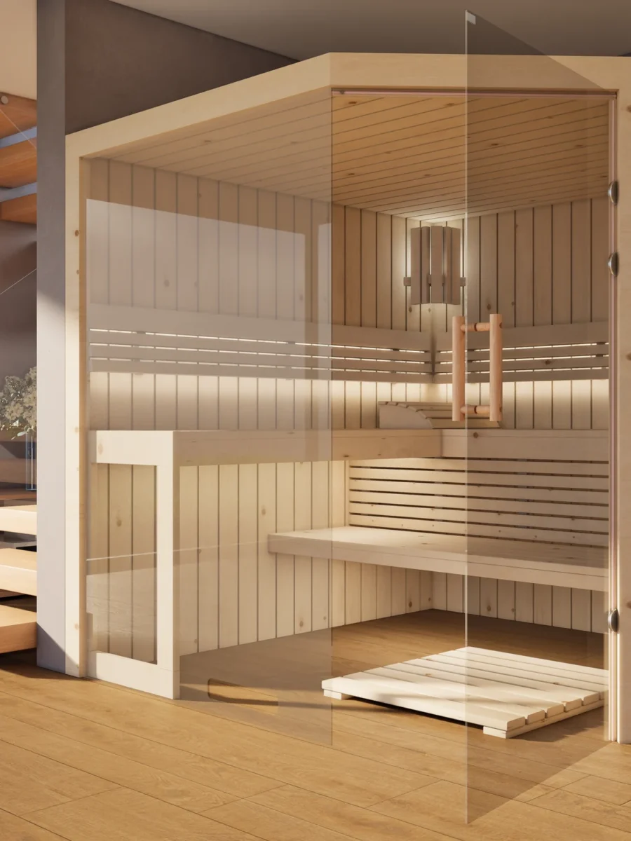 Sauna Athen 2x Glas bodentief Profilholz Zirbe mit geöffneter Glastür