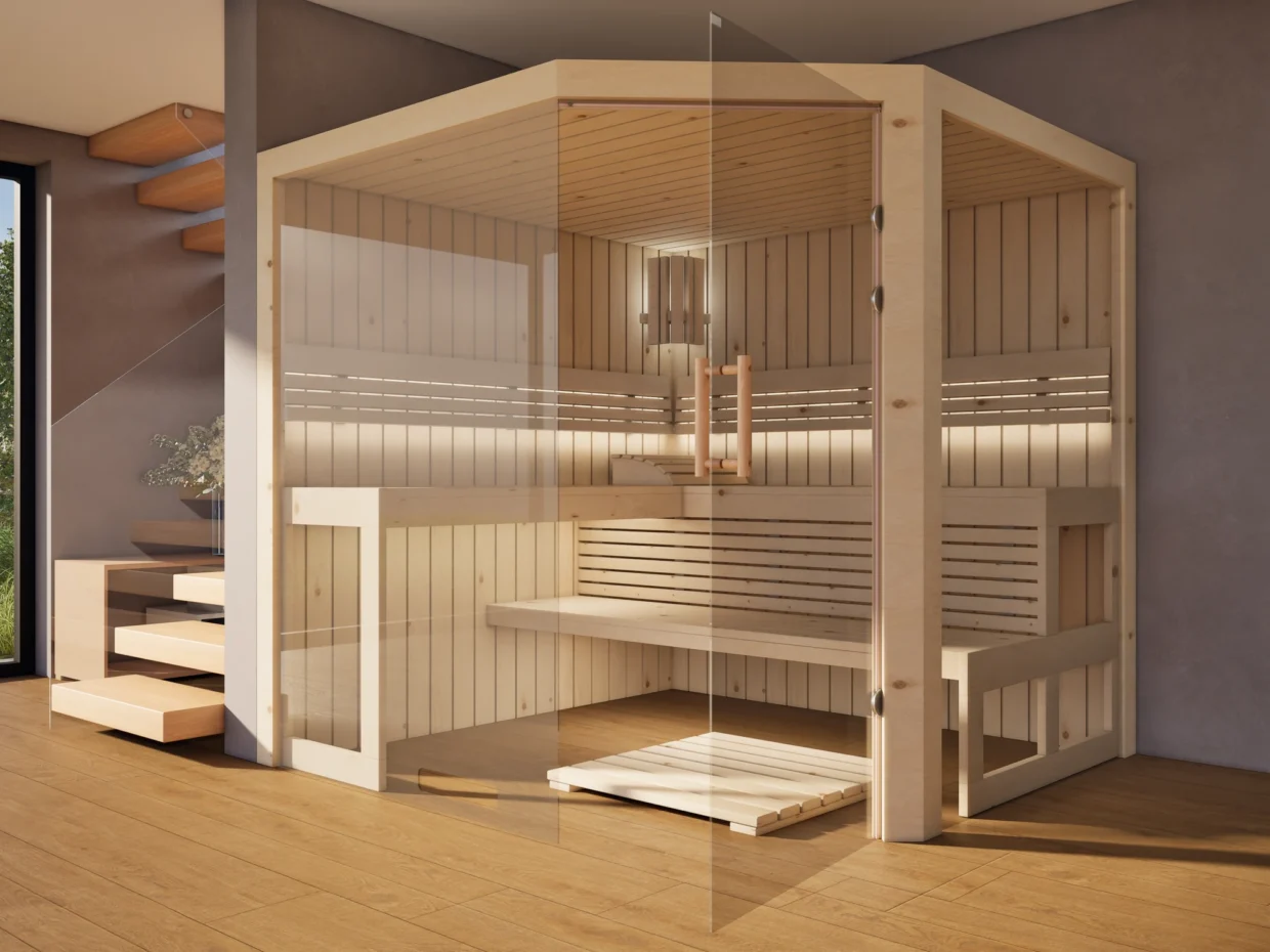 Sauna Athen 2x Glas bodentief Profilholz Zirbe mit geöffneter Glastür