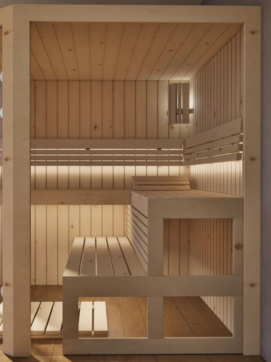 Sauna Athen 2x Glas bodentief Profilholz Zirbe von der Seite, Kabine ohne Saunaofen