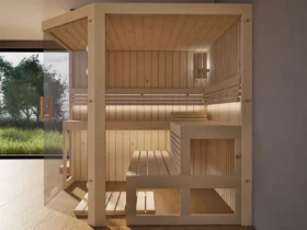 Sauna Athen 2x Glas bodentief Profilholz Zirbe von der Seite, Kabine ohne Saunaofen