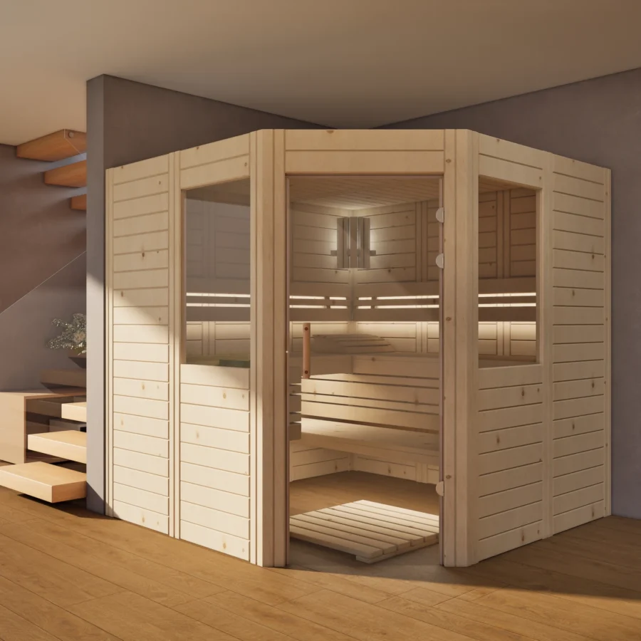 Sauna Athen 2 kleine Fenster Massivholz Zirbe im Wohnraum, Gesamtansicht