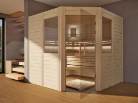 Sauna Athen 2 kleine Fenster Massivholz Zirbe mit geöffneter Glastür
