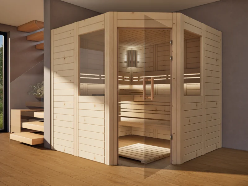 Sauna Athen 2 kleine Fenster Massivholz Zirbe mit geöffneter Glastür