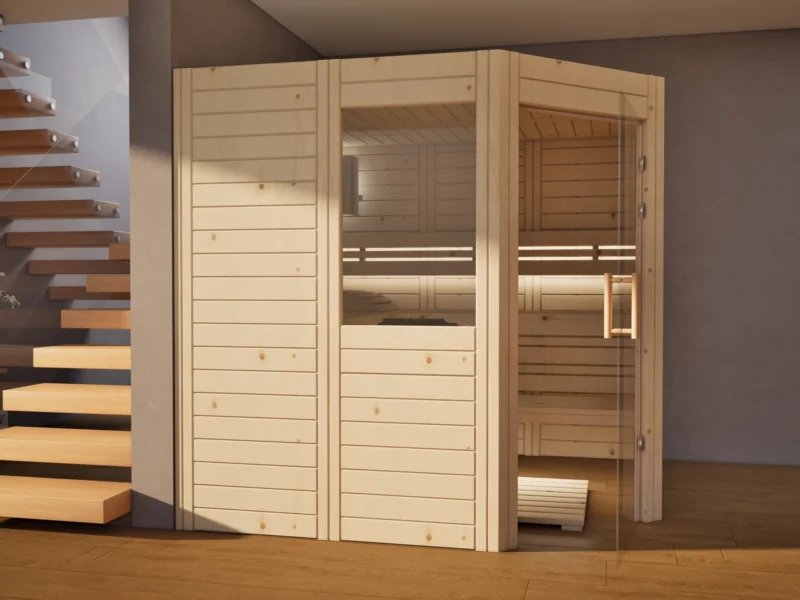 Sauna Athen 2 kleine Fenster Massivholz Zirbe neben der Treppe, Glastür geöffnet