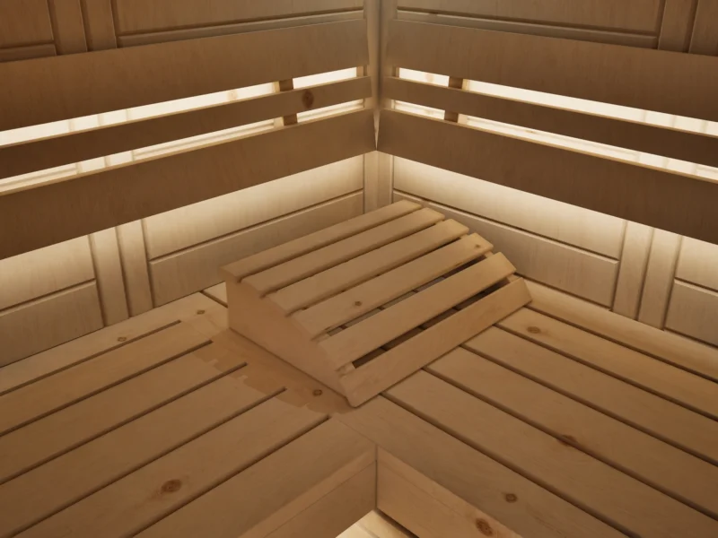 Liegen und Rückenlehnen mit indirektem LED-Licht in der Sauna Athen 2 kleine Fenster Massivholz Zirbe