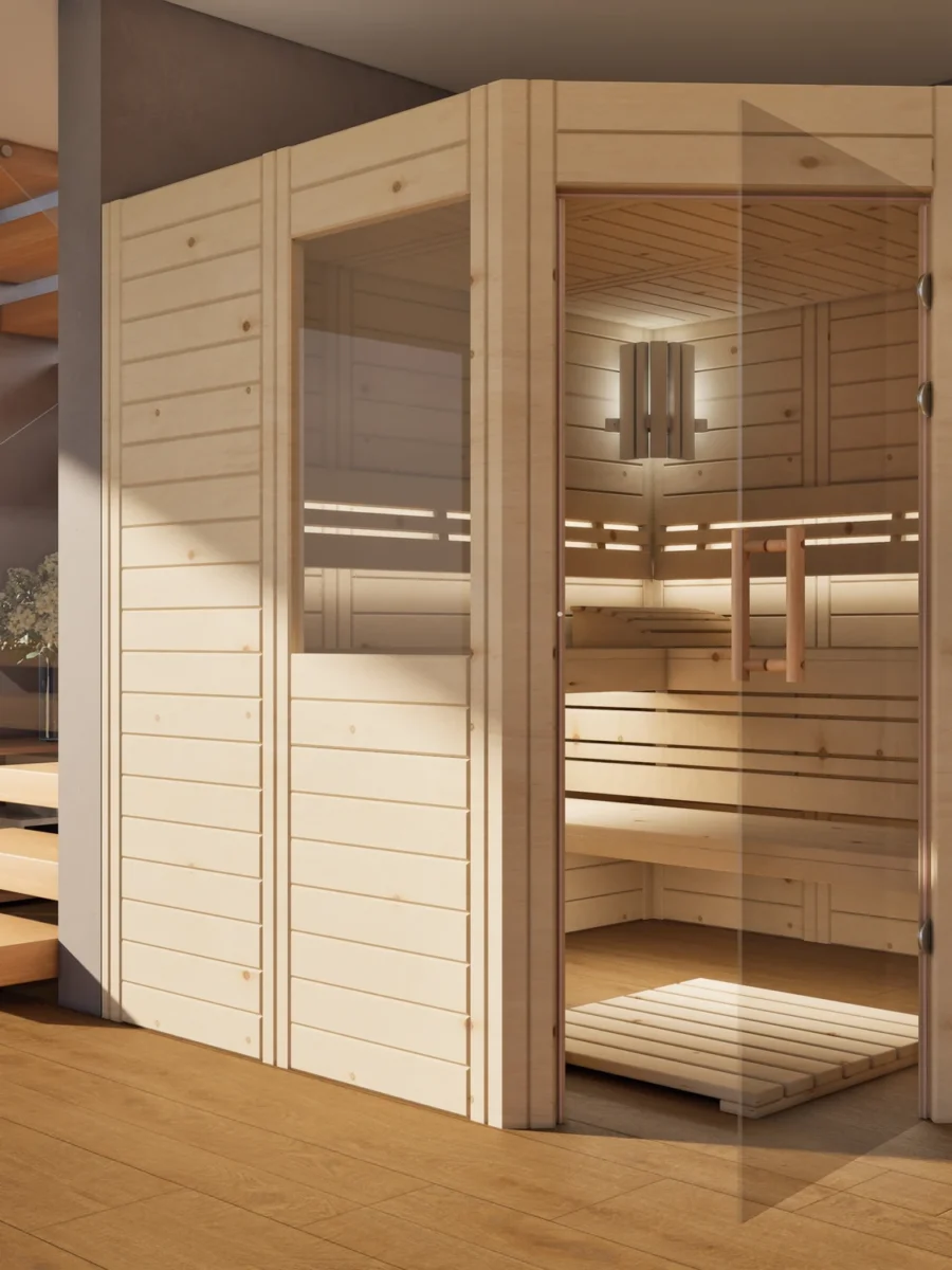Sauna Athen 2 kleine Fenster Massivholz Zirbe mit geöffneter Glastür