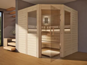 Sauna Athen 2 kleine Fenster Massivholz Zirbe mit geöffneter Glastür
