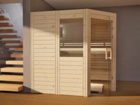 Sauna Athen 2 kleine Fenster Massivholz Zirbe neben der Treppe, Glastür geöffnet