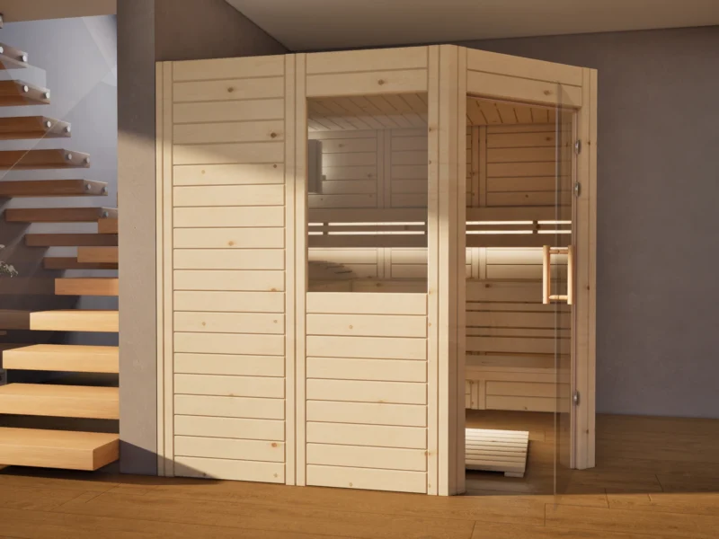 Sauna Athen 2 kleine Fenster Massivholz Zirbe neben der Treppe, Glastür geöffnet