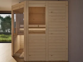 Sauna Athen 2 kleine Fenster Massivholz Zirbe von der Seite, Kabine ohne Saunaofen