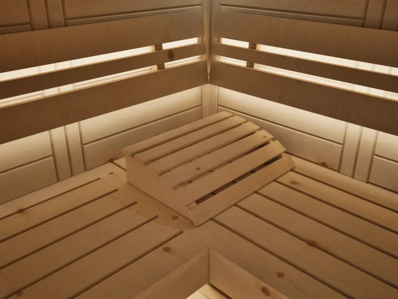 Liegen und Rückenlehnen mit indirektem LED-Licht in der Sauna Athen 2 kleine Fenster Massivholz Zirbe