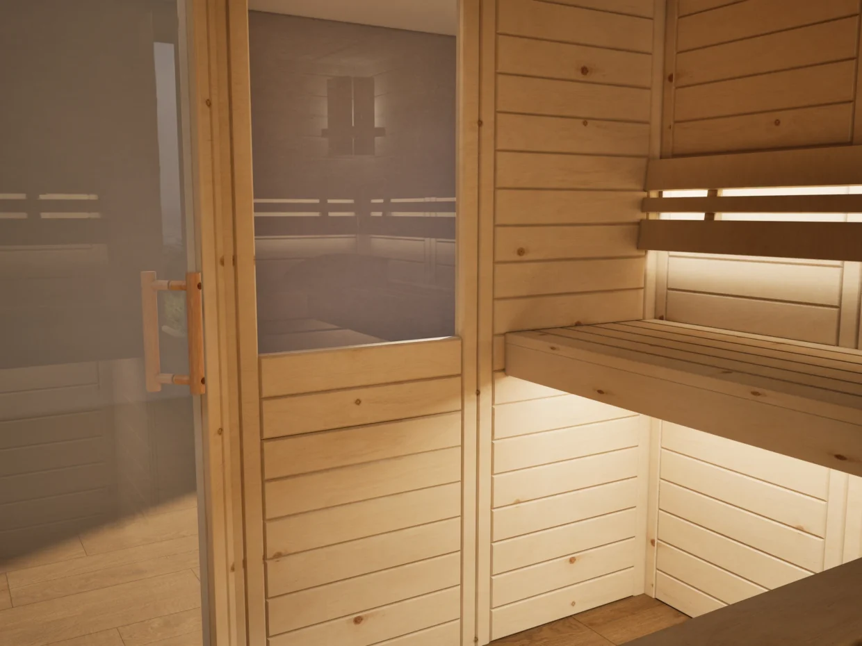 Innenraum der Sauna Athen 2 kleine Fenster Massivholz Zirbe mit freiem Ofenplatz