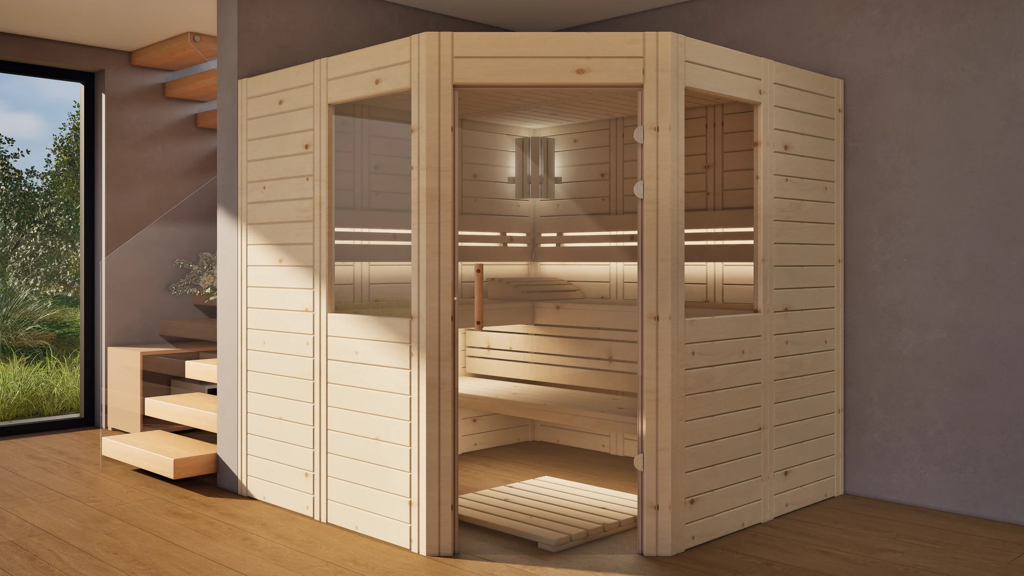 Sauna Athen 2 kleine Fenster Massivholz Zirbe im Wohnraum neben der Treppe