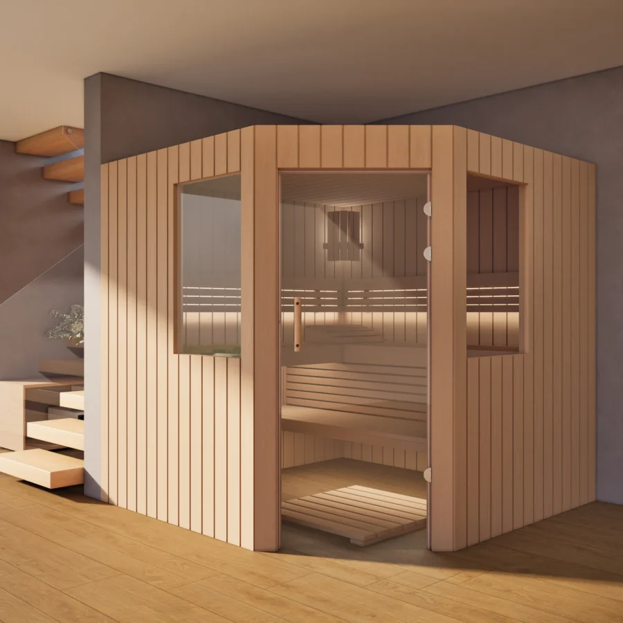 Sauna Athen 2 kleine Fenster Profilholz Erle im Wohnraum, Gesamtansicht