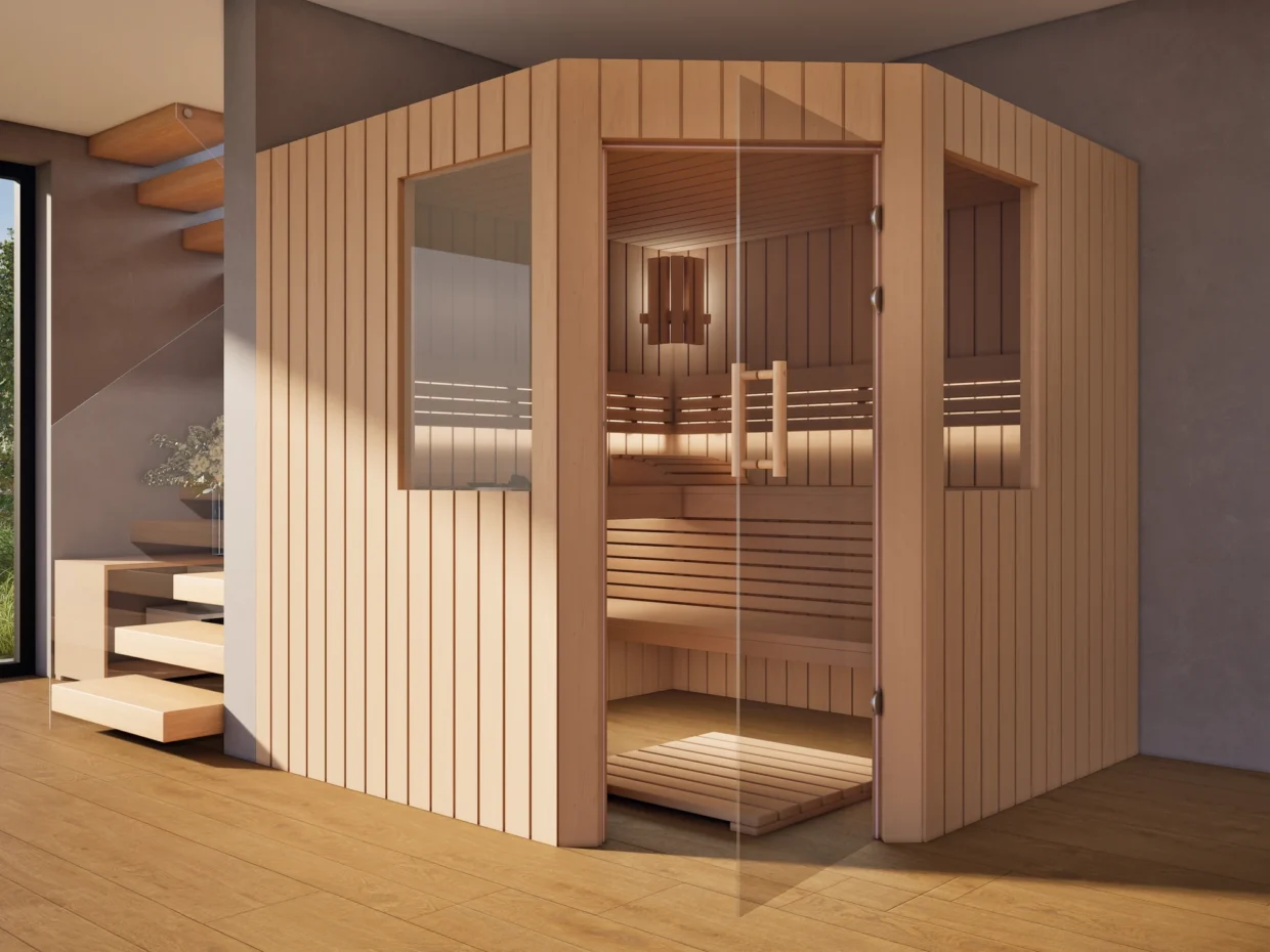 Sauna Athen 2 kleine Fenster Profilholz Erle mit geöffneter Glastür